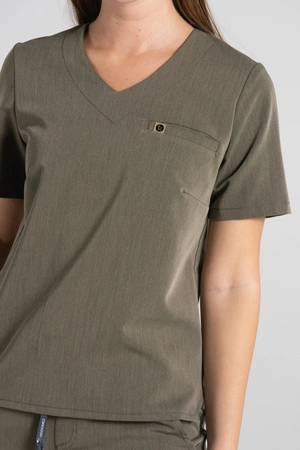 Krótka bluza medyczna damska Florence - Olive melange - KangooSoft Premium