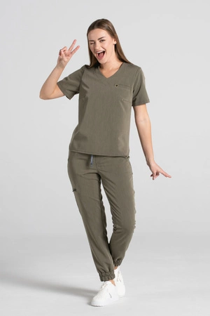 Krótka bluza medyczna damska Florence - Olive melange - KangooSoft Premium