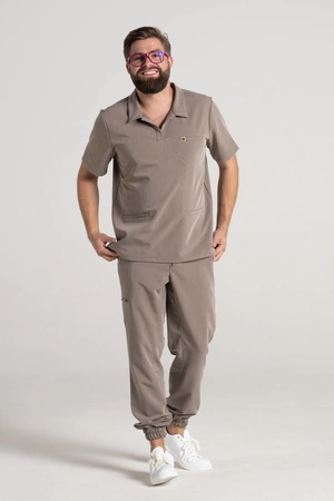 Bluza medyczna męska typu polo - Hipokrates - Brown melange - KangooSoft Premium