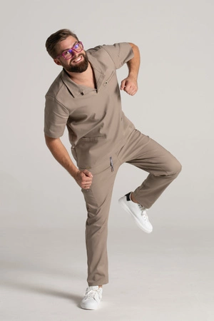 Bluza medyczna męska typu polo - Hipokrates - Taupe - KangooNature